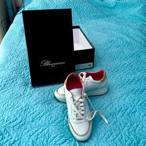 Authentic BLUMARINE white leather/gold accent leather lining sneakers sz 38/8US
